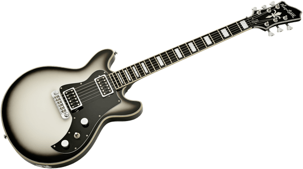 Electric guitar with a sleek silver and black design, featuring a unique shape and polished finish.
