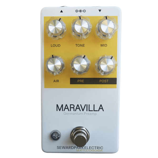 Maravilla Germanium preamp pedal featuring knobs for sound adjustment and a foot switch.