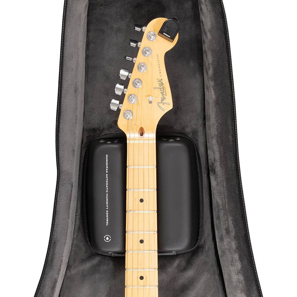 Fender guitar neck with tuning pegs and humidity control device in a protective case.