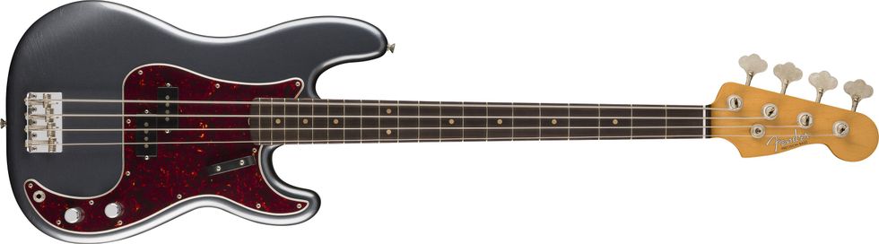 Fender Precision Bass guitar in metallic gray with tortoiseshell pickguard and maple neck.