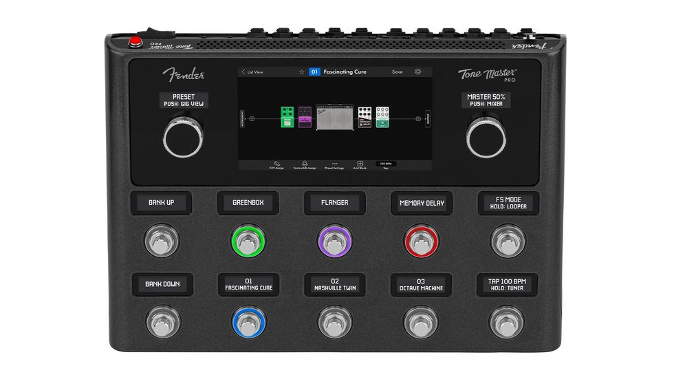 Fender Tone Master Pro effects pedal with touchscreen and various control buttons.