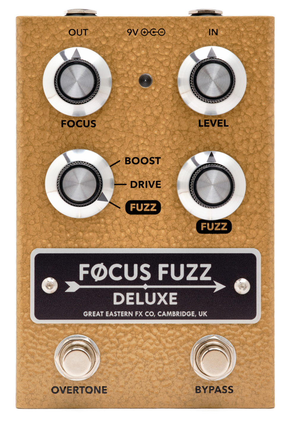 Focus Fuzz Deluxe pedal featuring five knobs and two footswitches on a textured gold background.