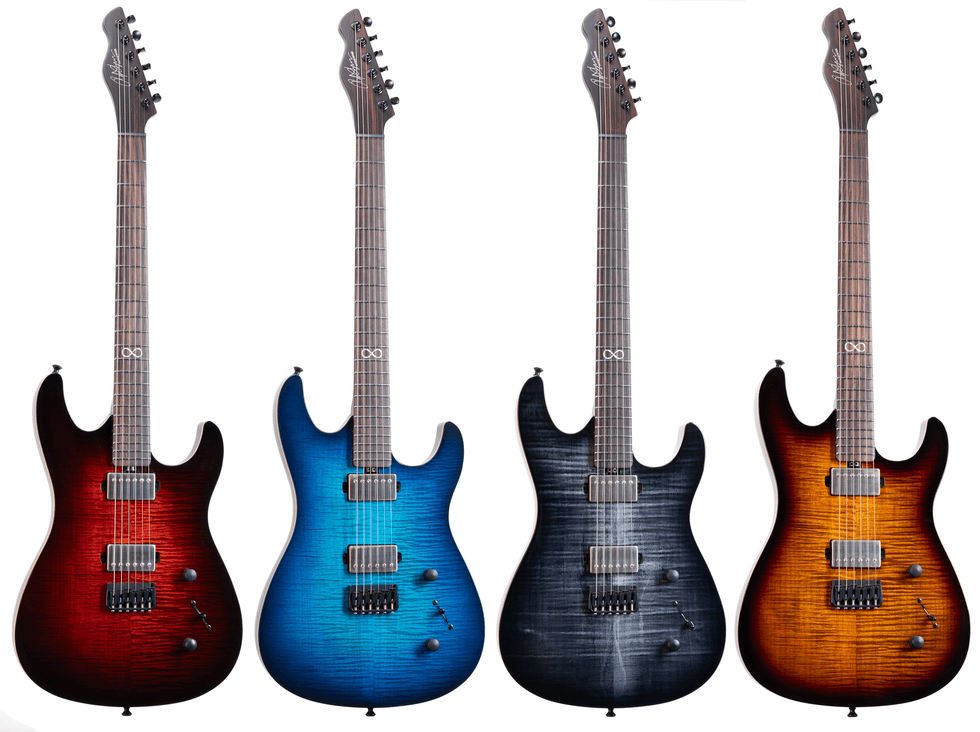 Four electric guitars in red, blue, black, and orange finishes, each with dual pickups.