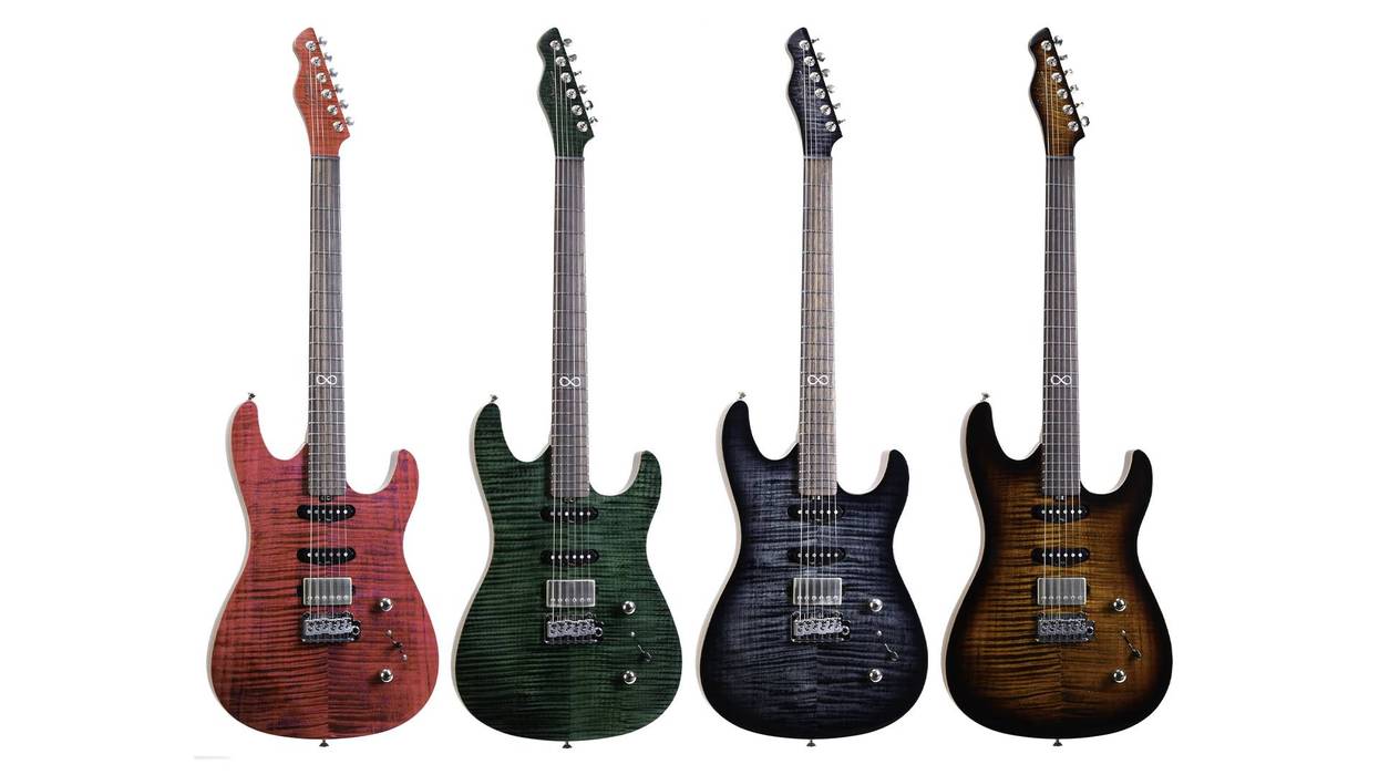 Four electric guitars in red, green, black, and brown finishes, displayed side by side.