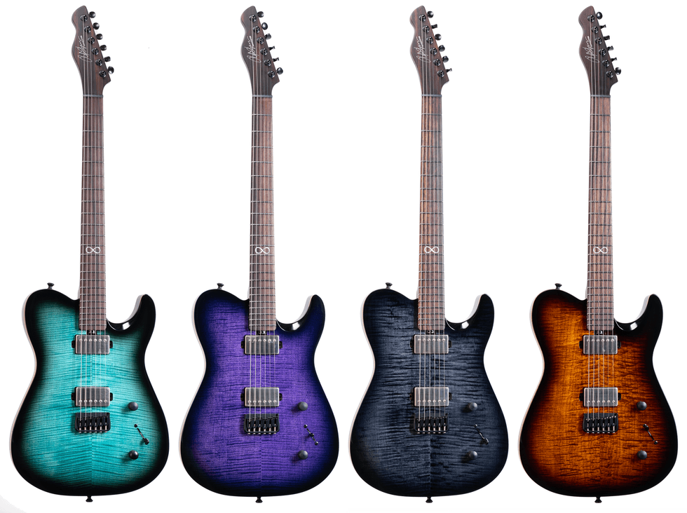 Four stylish electric guitars in green, purple, black, and orange finishes, side by side.