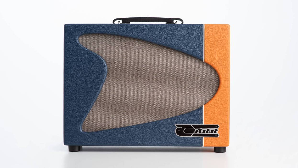 Front view of a stylish Carr guitar amplifier with blue and orange accents.
