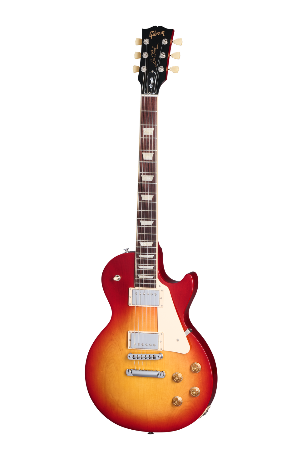 Gibson Les Paul guitar with a sunburst finish and chrome hardware, angled view.