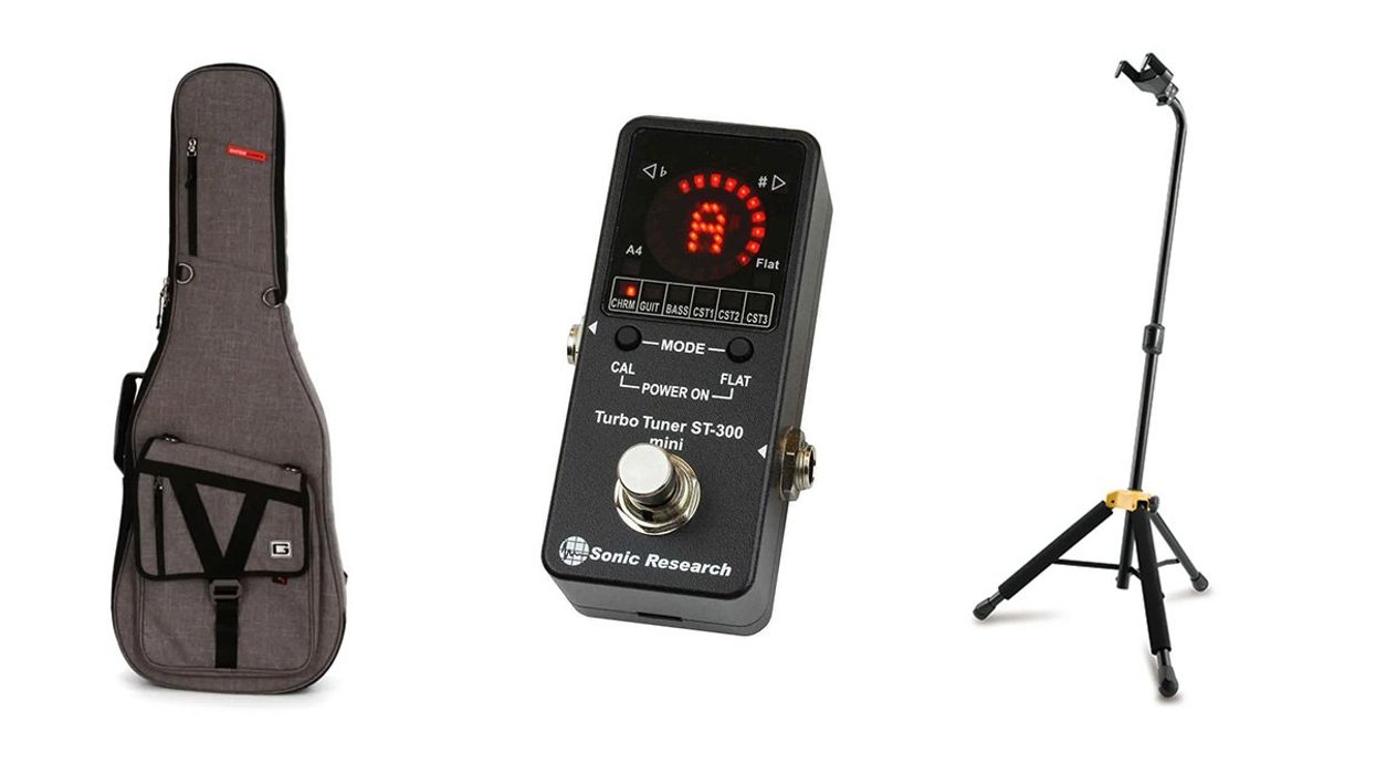 Gig accessories gator bag, turbo tuner, guitar stand