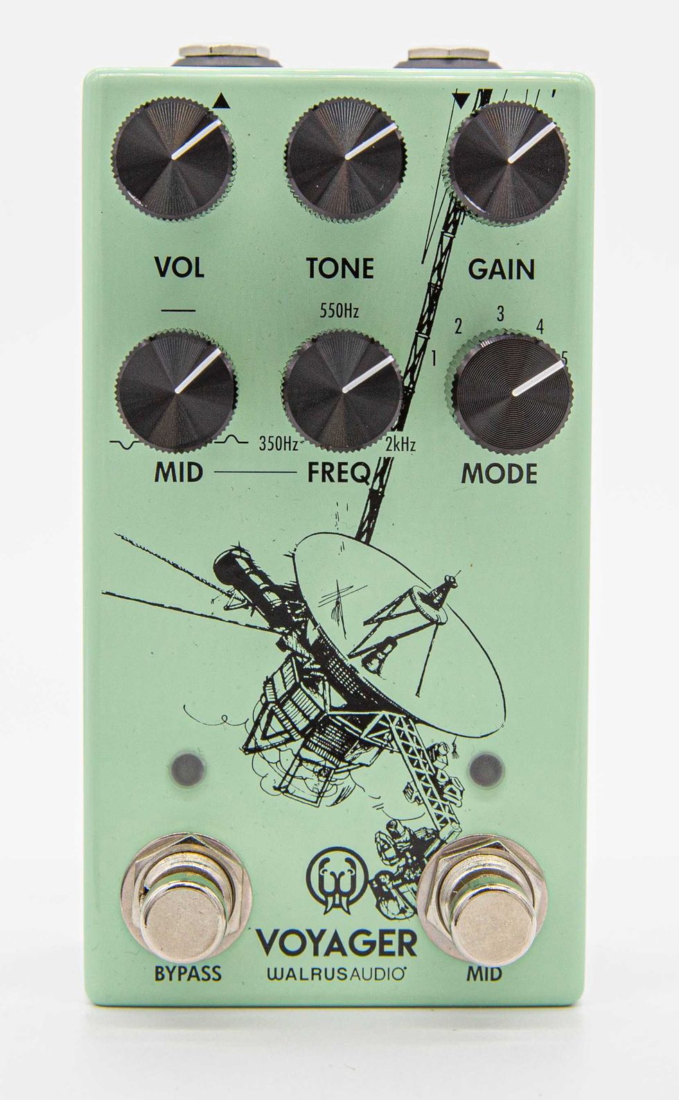Green guitar effects pedal with knobs for volume, tone, gain, and frequency controls.
