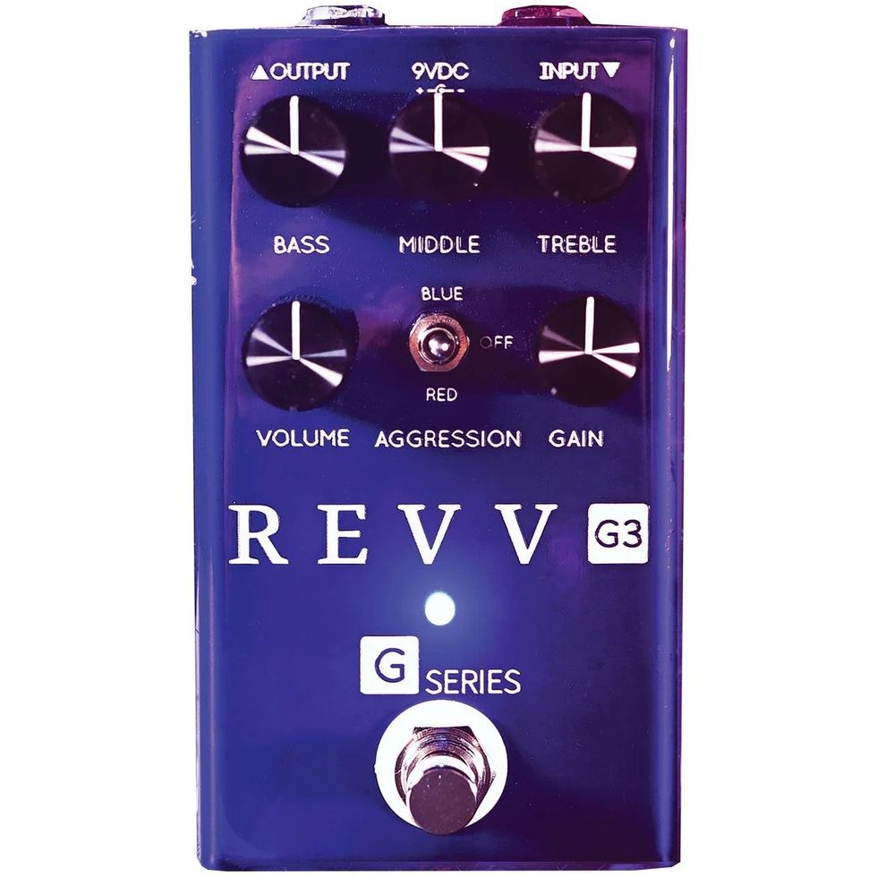 Guitar effects pedal labeled "REVV G3" with knobs for bass, middle, treble, volume, gain.