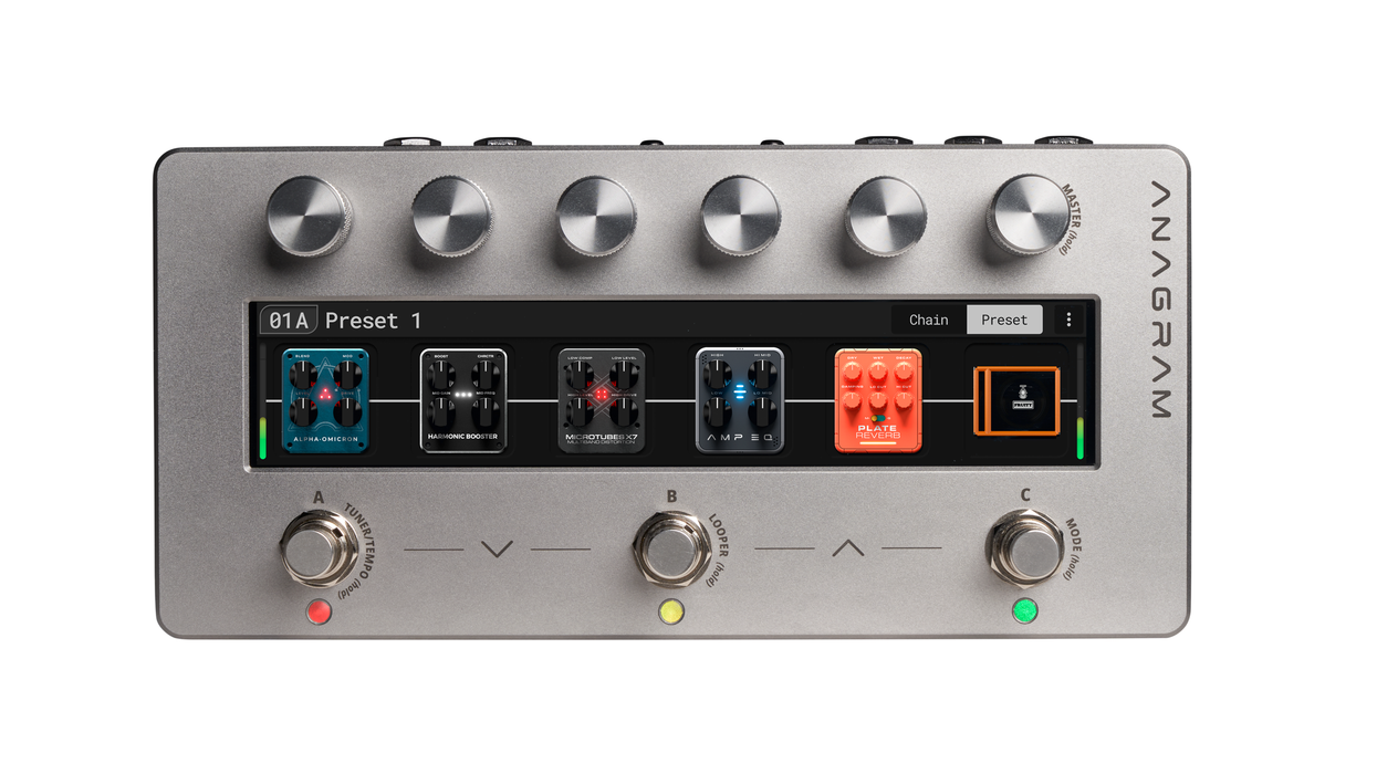 Guitar effects pedal with knobs, presets, and footswitches in a sleek silver design.