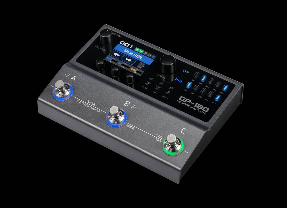 Guitar effects processor featuring buttons, knobs, and a digital display on a sleek, dark background.