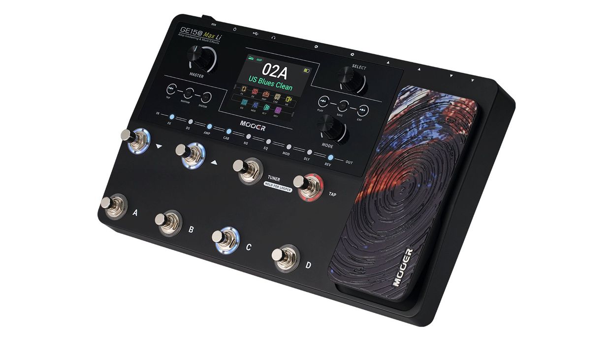 Guitar effects processor with touch display and multiple footswitches for sound control.