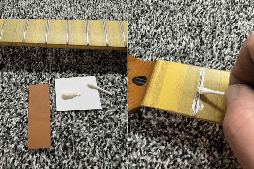 Guitar fretboard maintenance with tools and cotton swab on a textured surface.