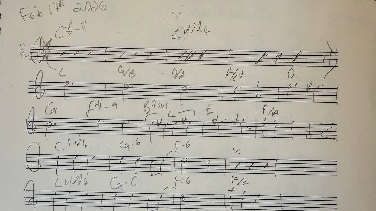 Handwritten music notation with annotations, dated February 17, 2006.