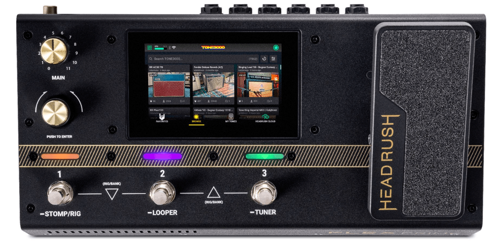 HeadRush guitar pedalboard with touchscreen, knobs, and footswitches for effects and tuning.