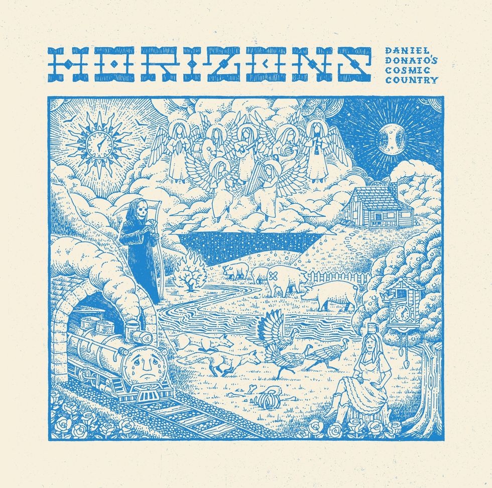 Illustration featuring a train, ethereal figures, rural scene, and the title "Horizons."