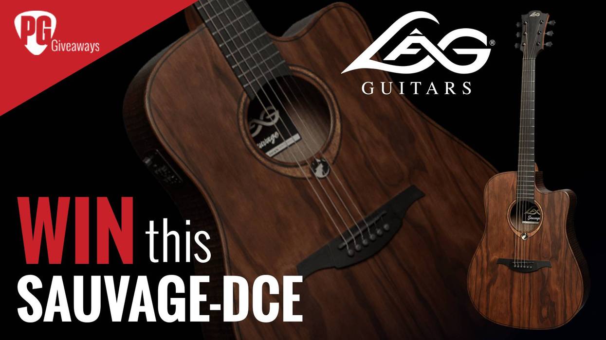 Image promoting a giveaway of a Lag Sauveg-DCE acoustic guitar.