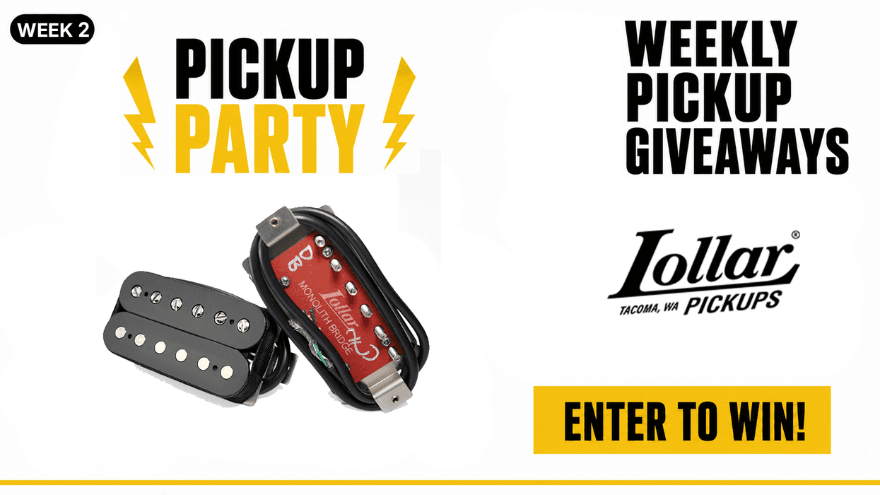 Image promoting a weekly giveaway of Lollar guitar pickups for a "Pickup Party."