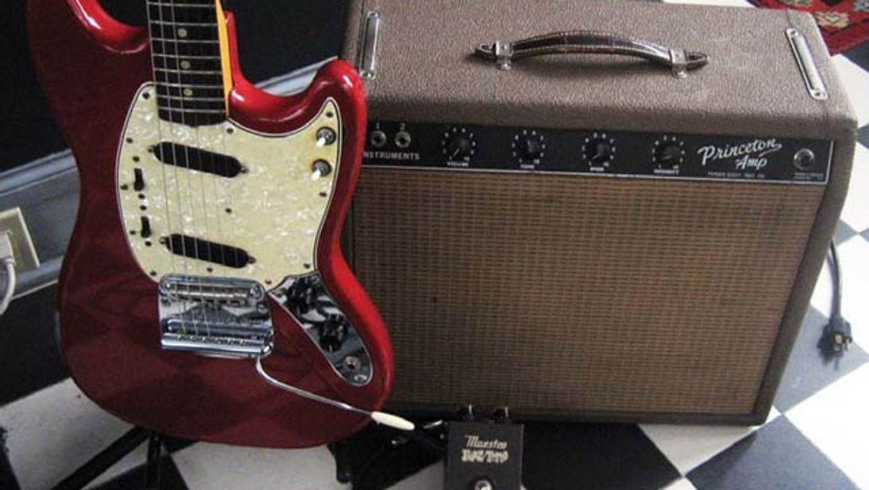 1966 Fender Mustang, 1961 Fender Princeton, and Vintage Gibson Maestro Fuzz-Tone FZ-1A