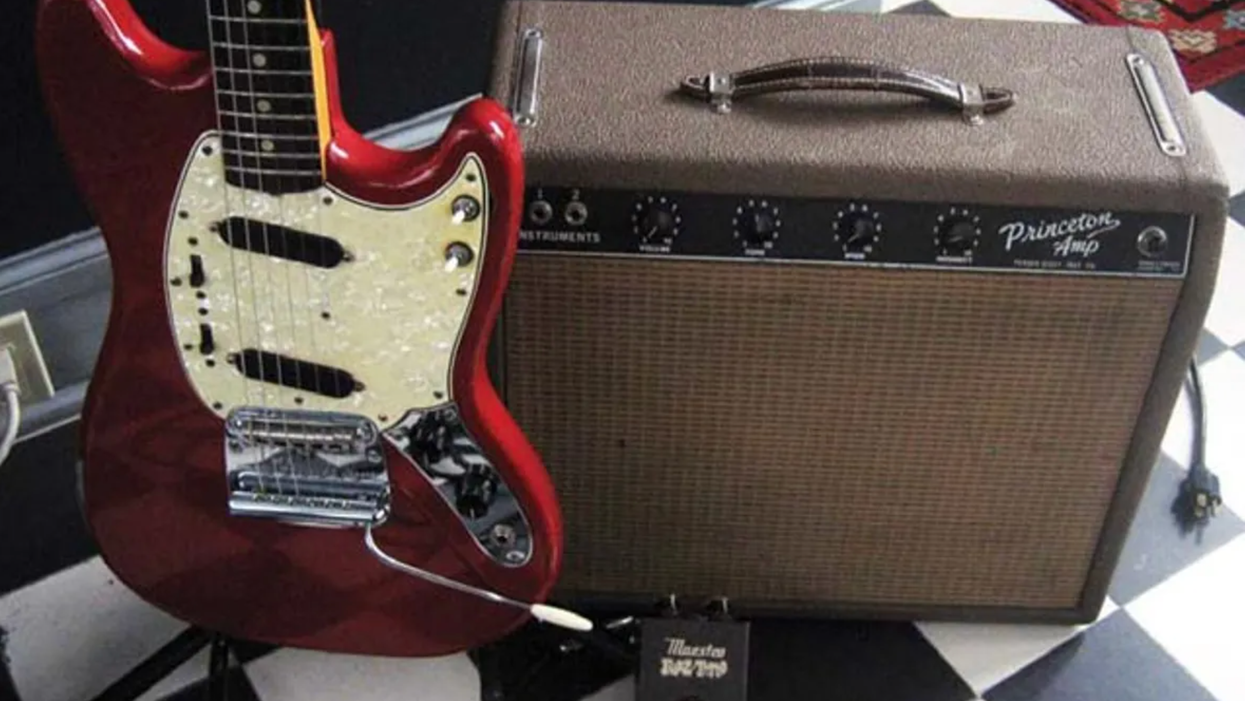 1966 Fender Mustang, 1961 Fender Princeton, and Vintage Gibson Maestro Fuzz-Tone FZ-1A