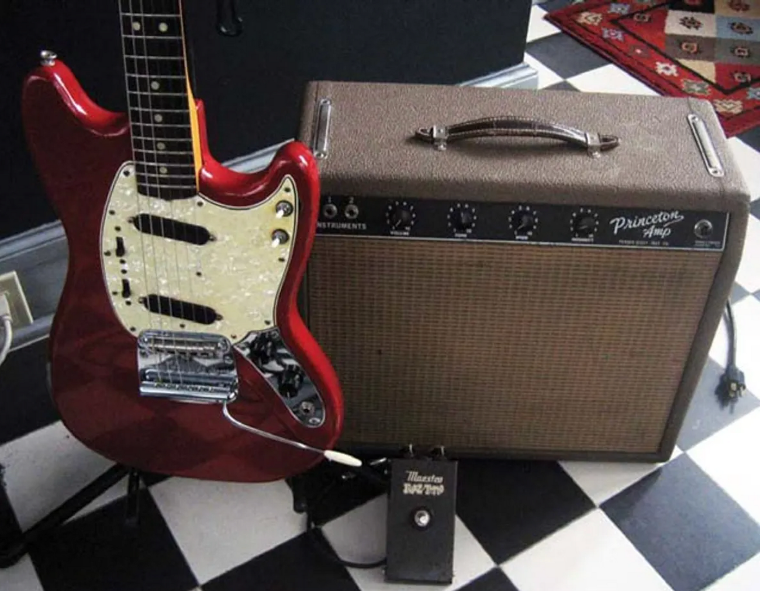 1966 Fender Mustang, 1961 Fender Princeton, and Vintage Gibson Maestro Fuzz-Tone FZ-1A