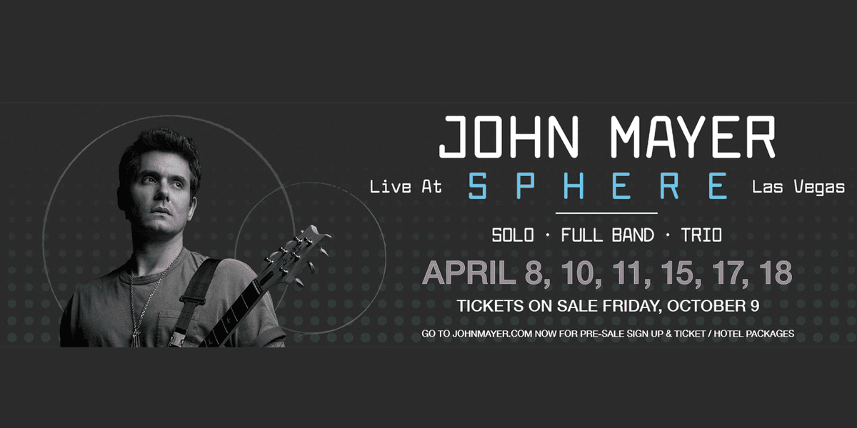 Poster for John Mayer live at Sphere in Las Vegas with the April 2027 show dates
