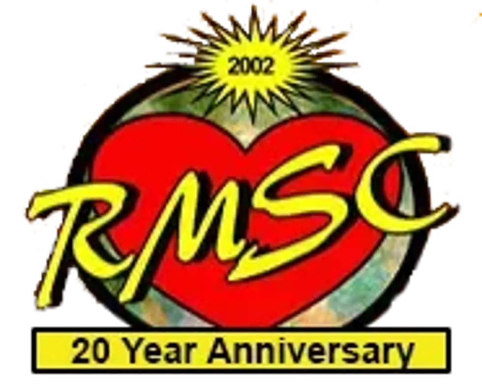 Logo for RMSC's 20 Year Anniversary featuring a red heart and colorful globe.