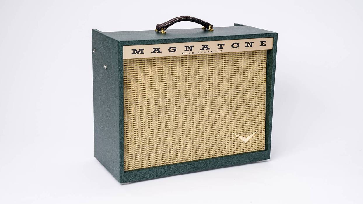 Magnatone guitar amplifier with a vintage design, featuring a green body and woven speaker grille.