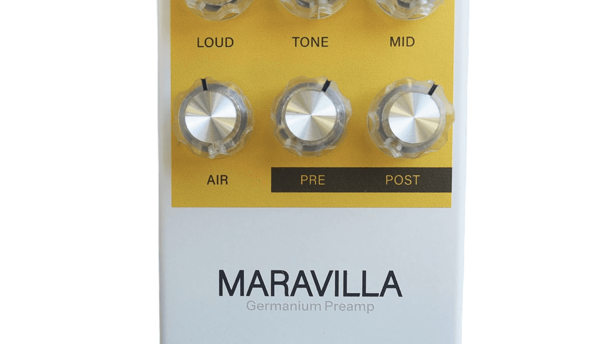 Maravilla Germanium preamp pedal featuring knobs for sound adjustment and a foot switch.
