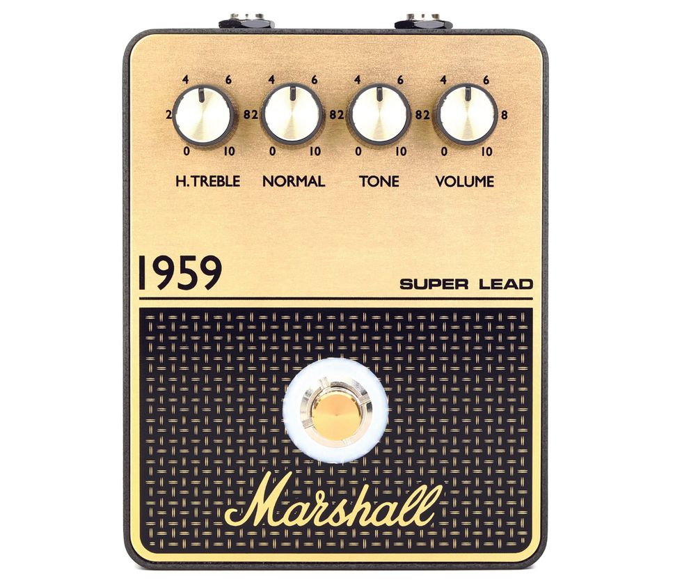 Marshall 1959 Super Lead guitar pedal with knobs for treble, tone, and volume settings.