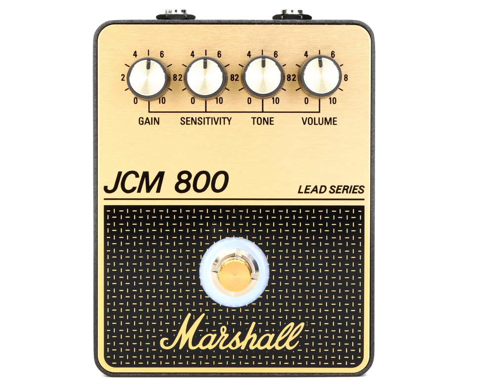 Marshall JCM 800 guitar effects pedal with knobs for gain, sensitivity, tone, and volume.