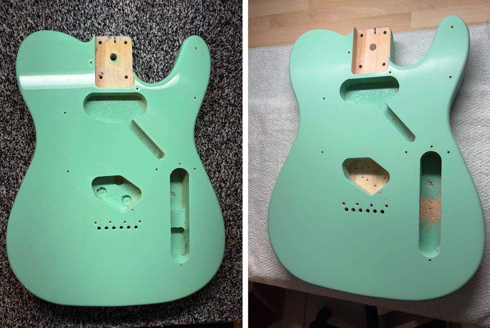 Mint green guitar body with routed cavities, viewed from two angles.