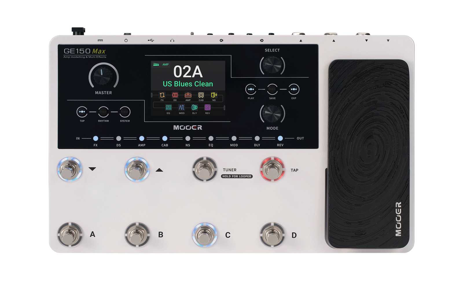 Mooer GE150 Max multi-effects pedal with display, footswitches, and expression controller.