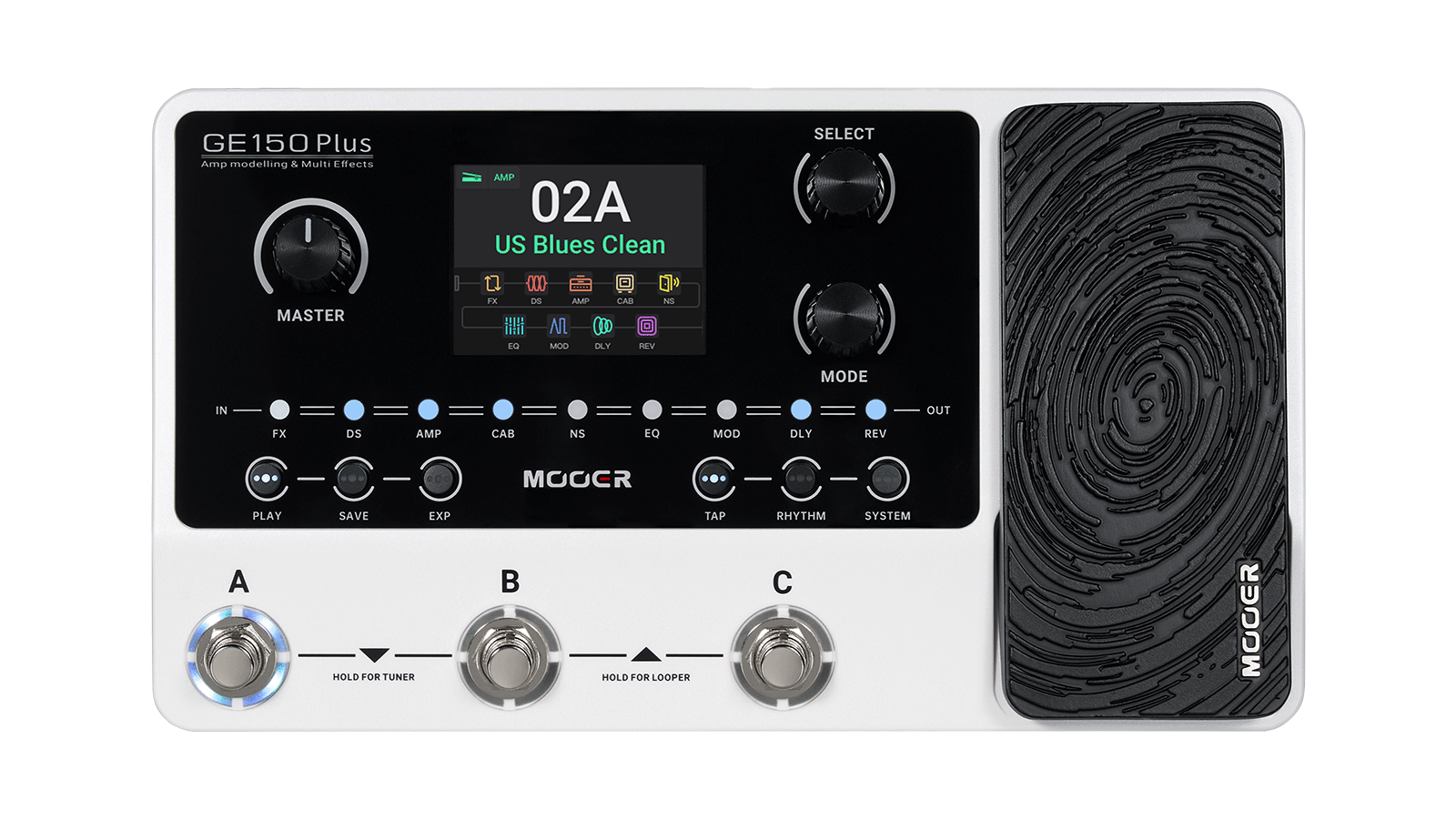 Mooer GE150 Plus multi-effects processor with knobs, buttons, and a digital display.