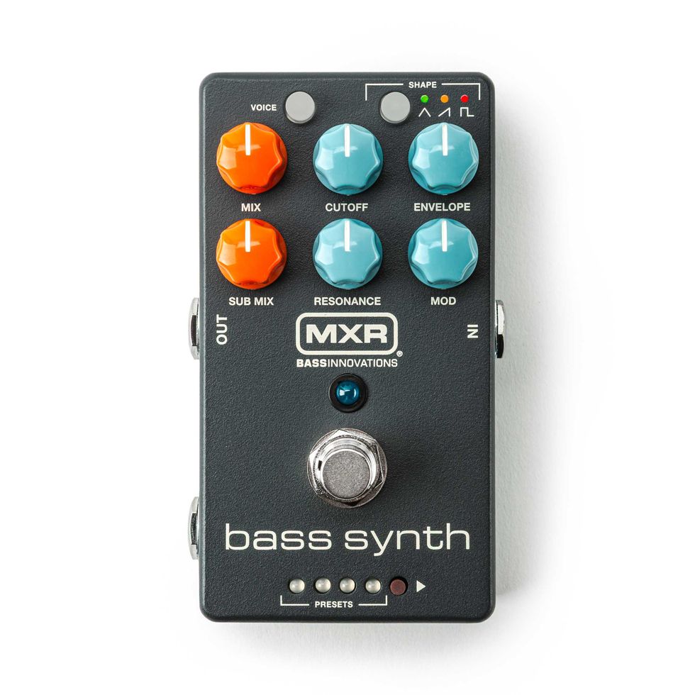 MXR Bass Synth pedal with colorful knobs and controls for sound modulation.