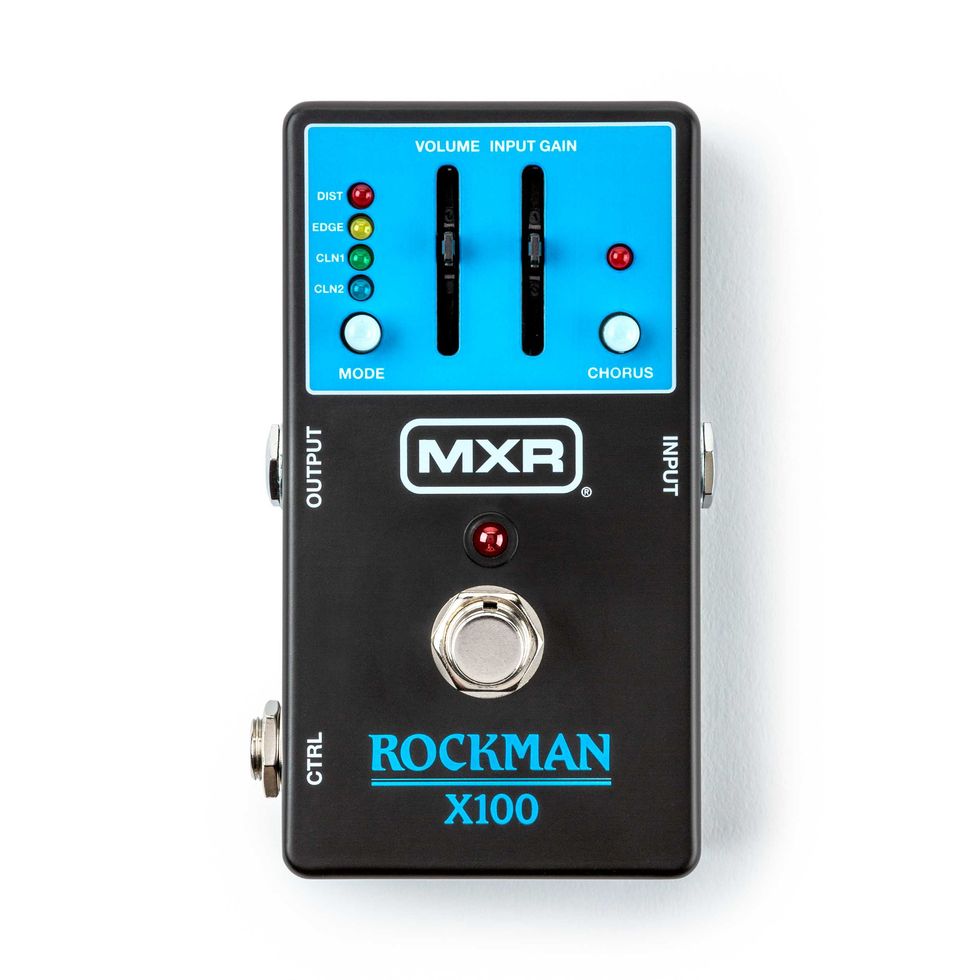 MXR Rockman X100 guitar effects pedal with volume, input gain, and mode controls.