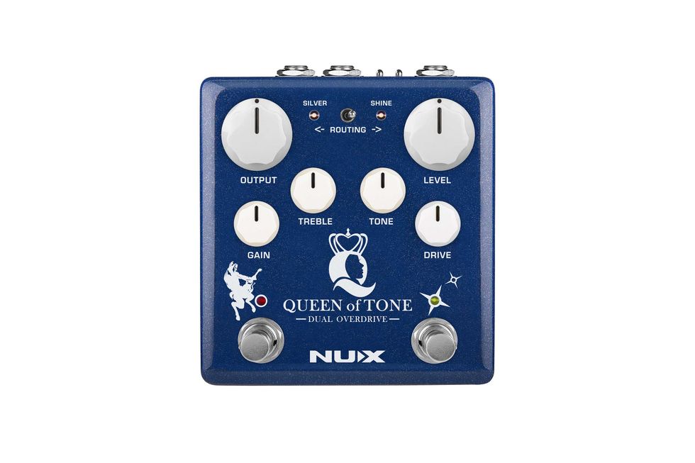 NUX Queen of Tone dual overdrive pedal with adjustable settings for output, tone, and gain.