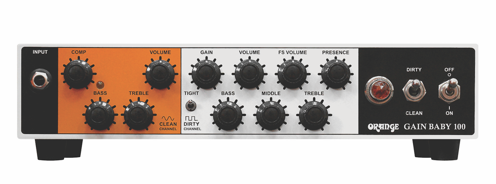 Orange Gain Baby 100 amplifier front panel with knobs for various sound controls.