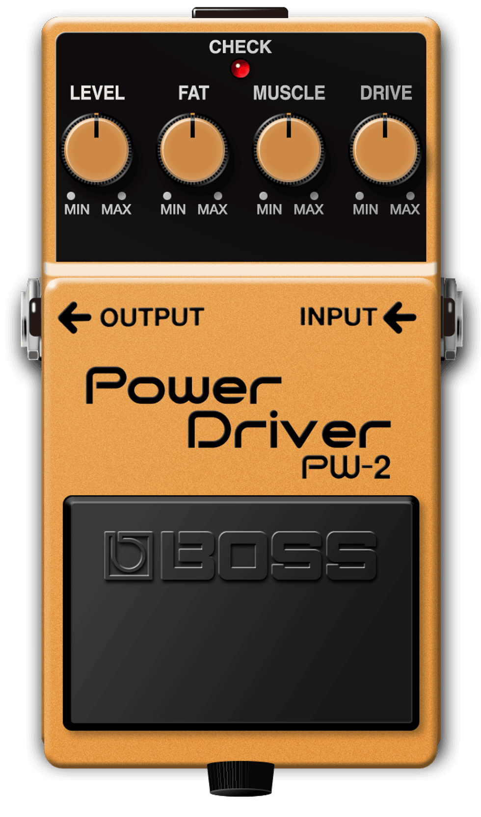 Orange guitar effects pedal with knobs for level, fat, muscle, and drive settings.