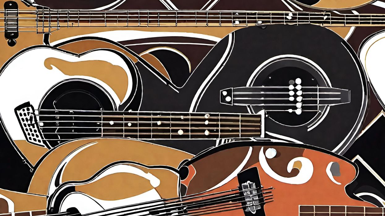 painting of bass guitars