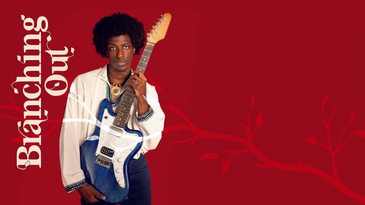 Person with a blue guitar on a red background, text reads "Branching Out."