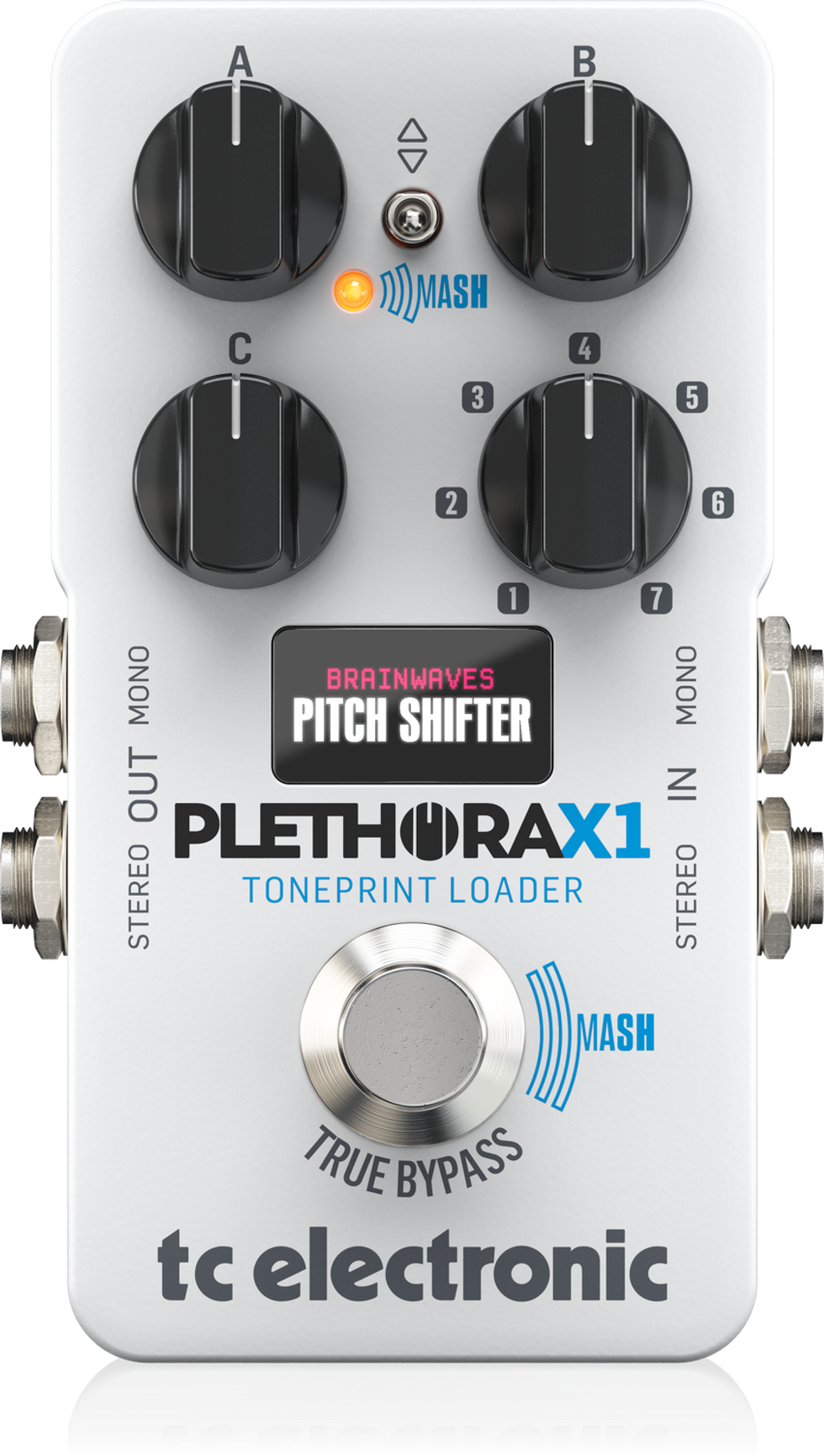 Pitch shifter pedal with multiple knobs, True Bypass switch, and stereo input/output.