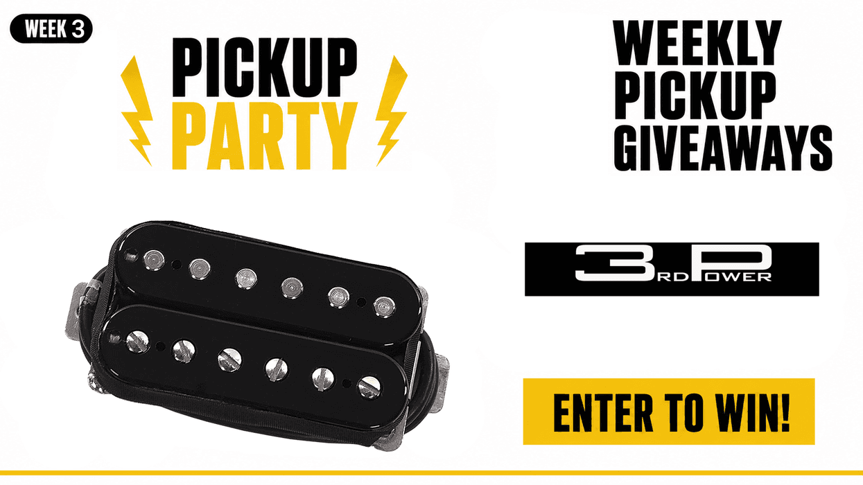 Promotional graphic for a giveaway featuring a guitar pickup and contest details.