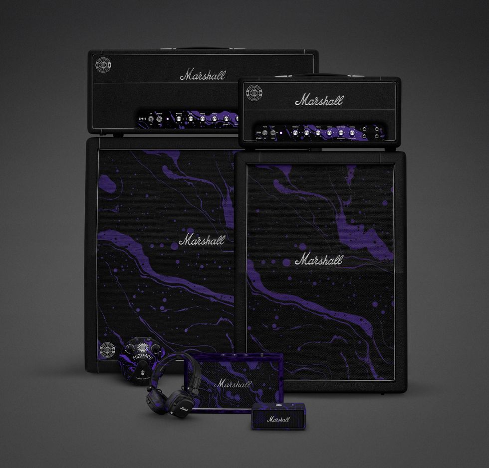 Purple and black Marshall guitar amps and headphones arranged artistically on a dark background.