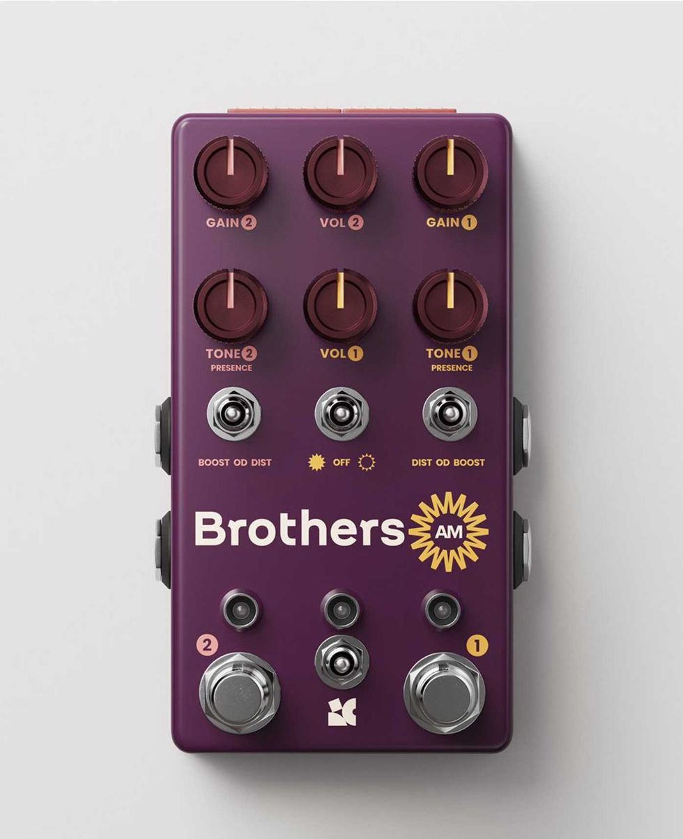 Purple guitar effects pedal labeled "Brothers AM" with knobs for settings and footswitches.