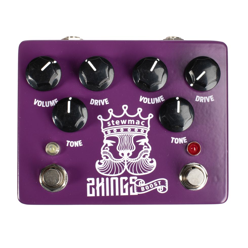 Purple guitar effects pedal with knobs for volume, drive, and tone adjustments, and a logo.