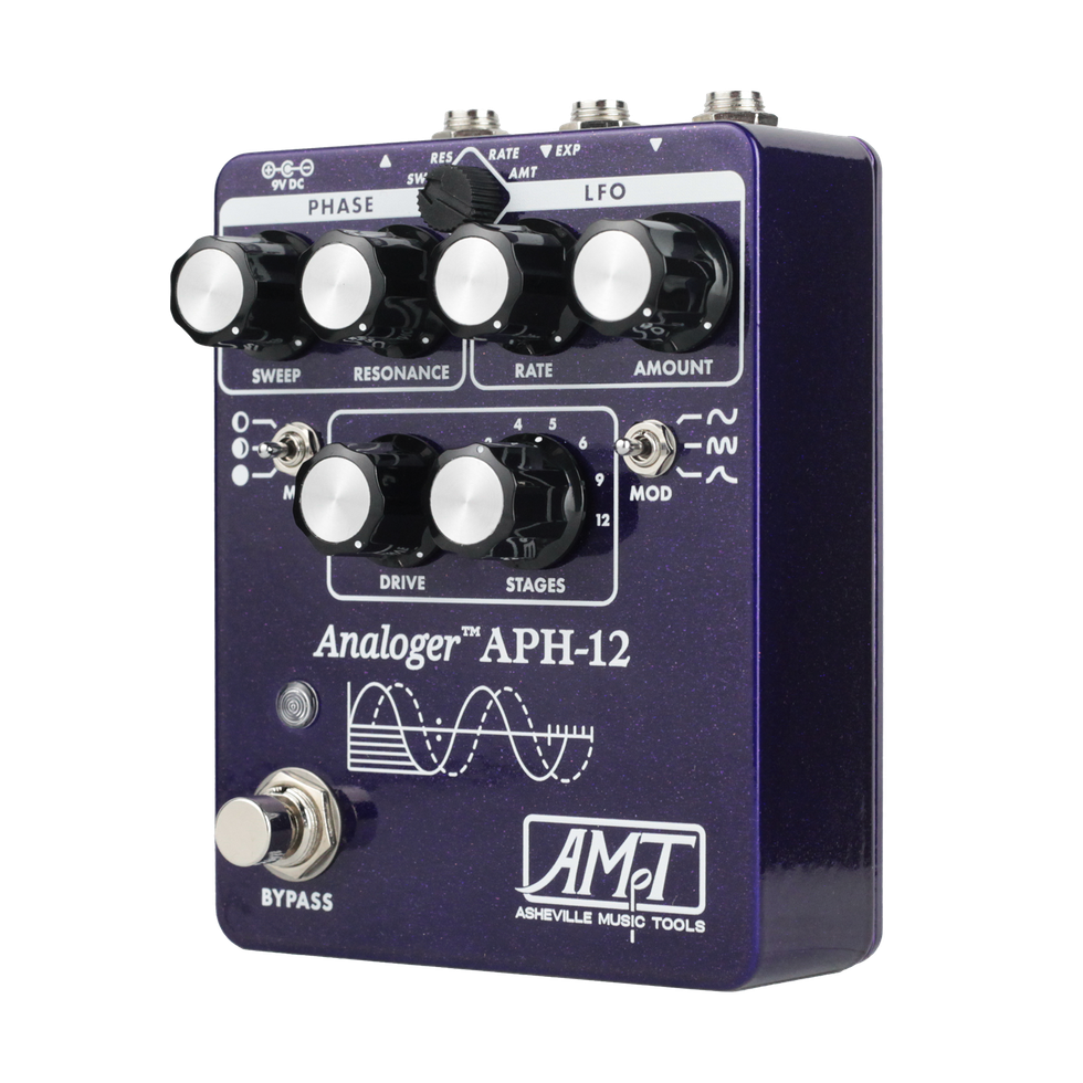 Purple guitar effects pedal with multiple knobs and a bypass switch. Model: Analoger APH-12.