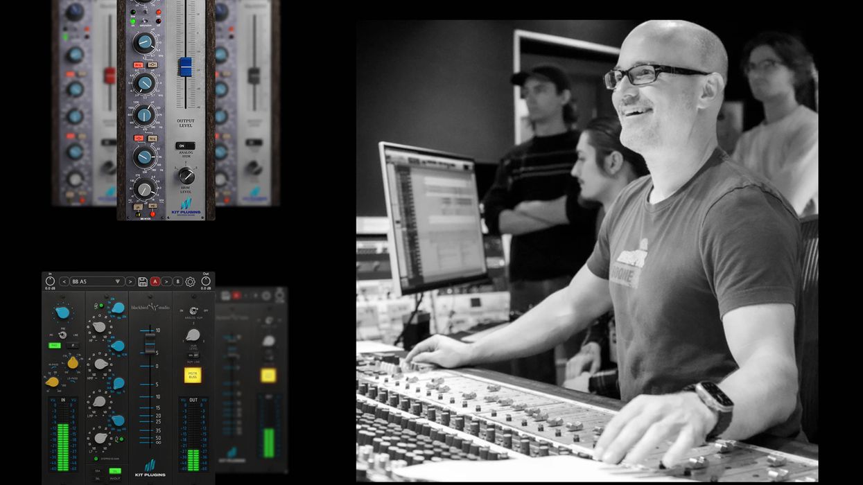 Recording engineer smiles while adjusting audio equipment in a studio.