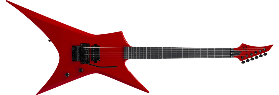 Red, angular electric guitar with a sharp design and black hardware.